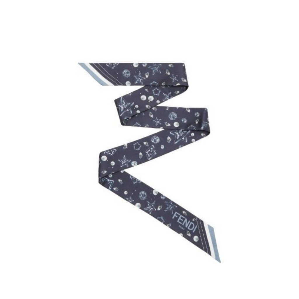 New Fendi Twill Scarf Silk Blue Planets Stars 100 Authentic